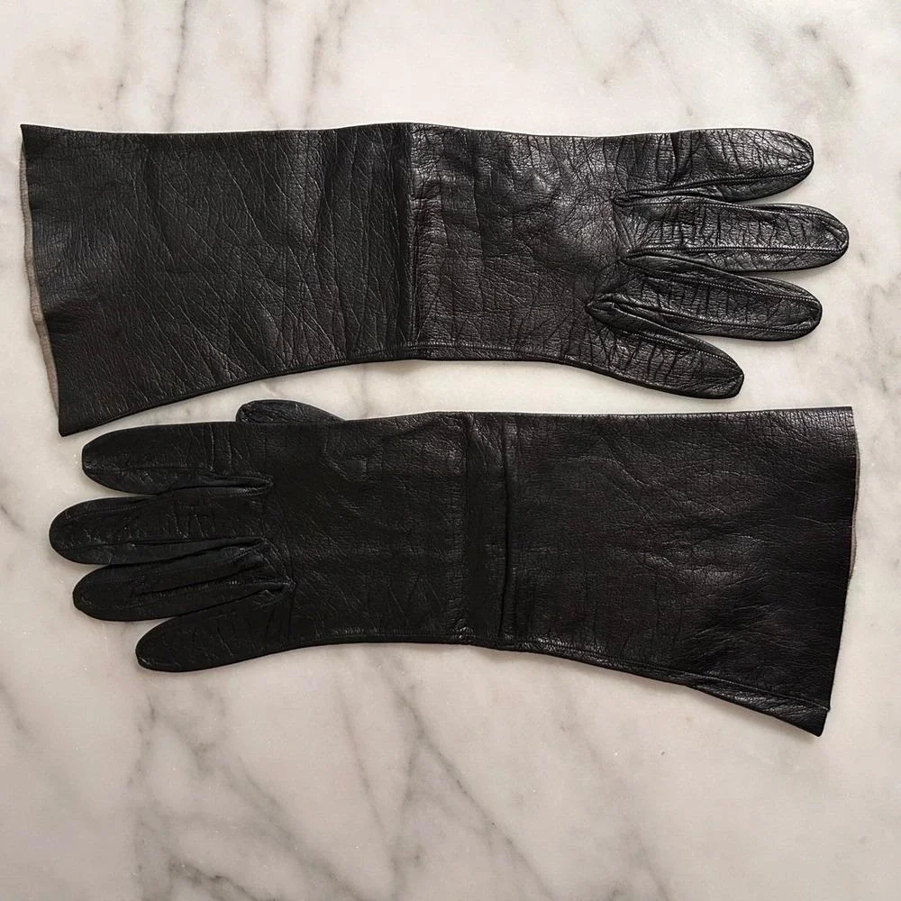Womens Vintage Black Leather Dress Gloves Made in France for Lazarus 1960's
